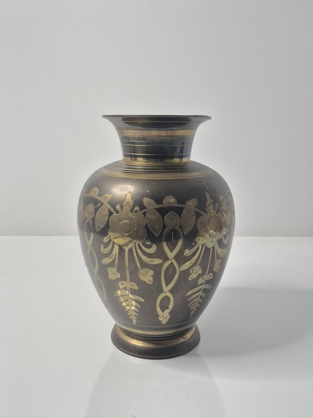Vintage Brass Exchange Etched Floral Vase 9” Black & Gold India Boho Decor